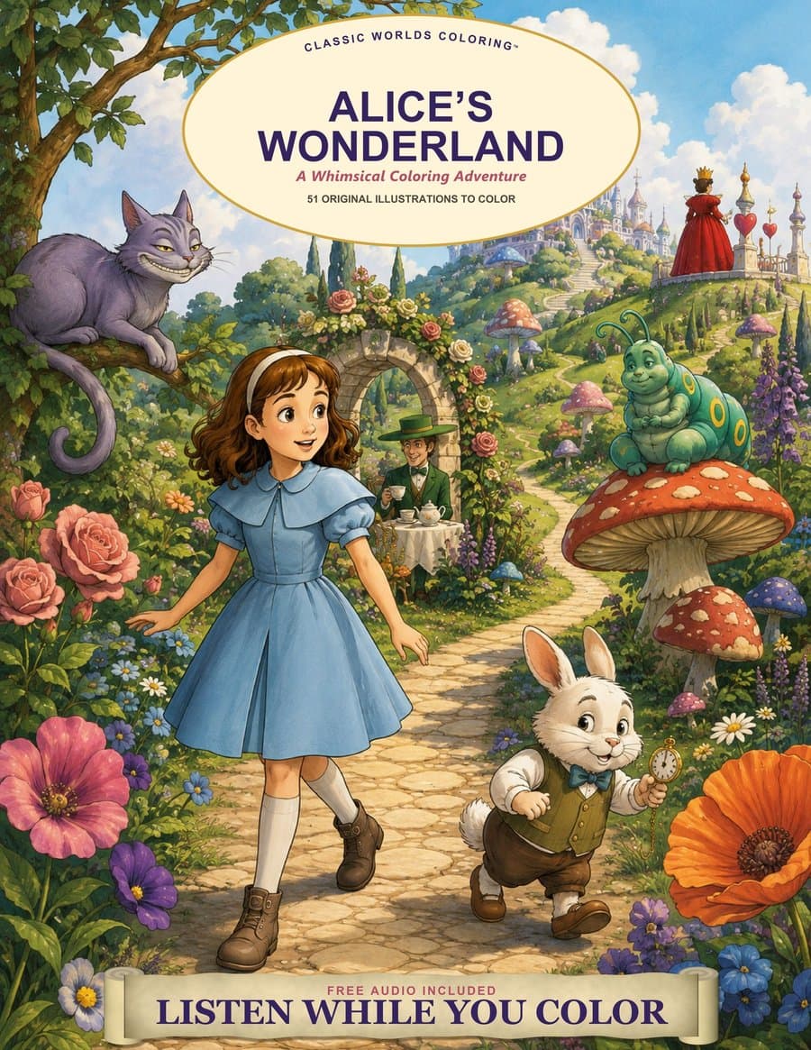 Front cover of Alice’s Wonderland: A Whimsical Coloring Adventure