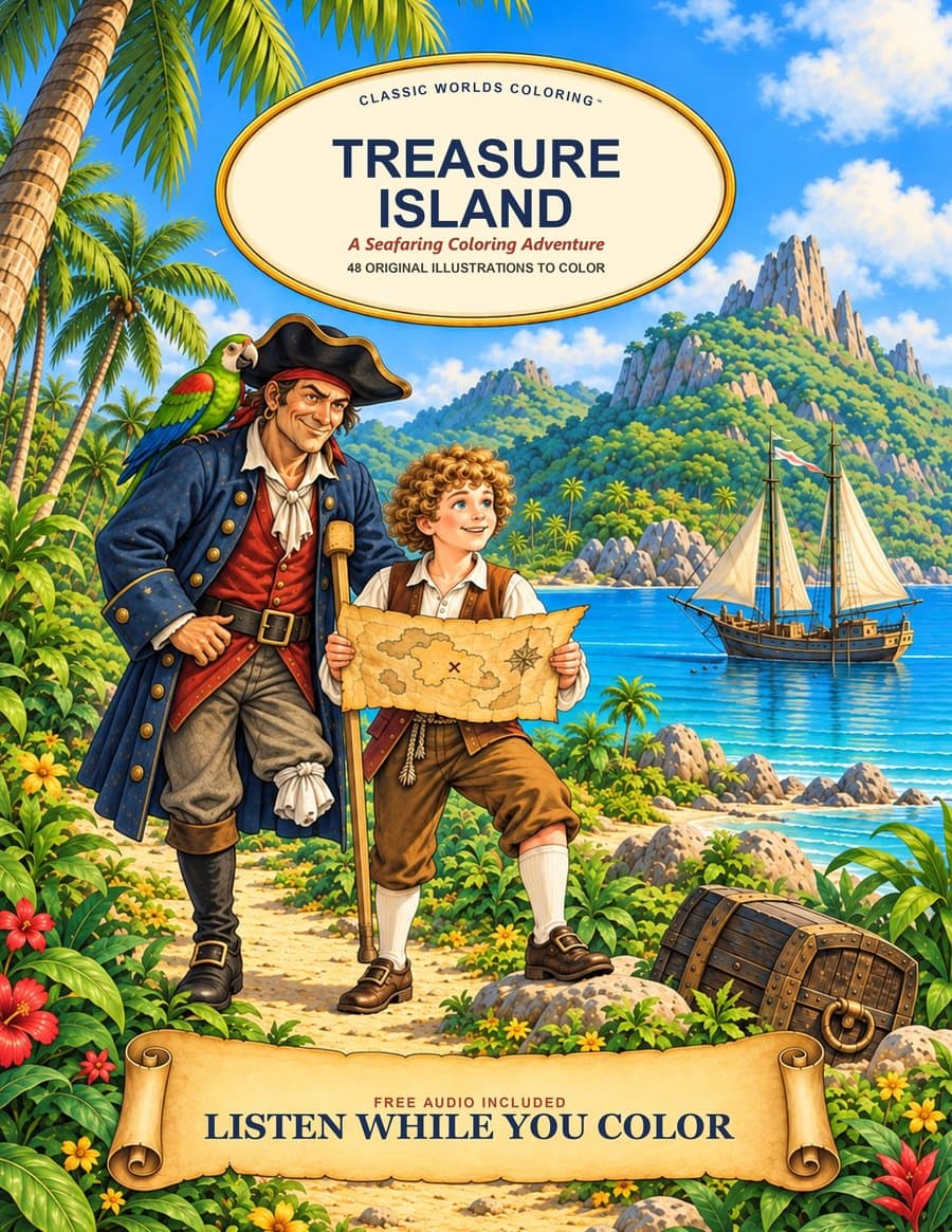 Front cover of Treasure Island: A Seafaring Coloring Adventure